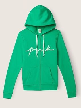 PINK Green Zip-Up Hoodie with Script Logo
